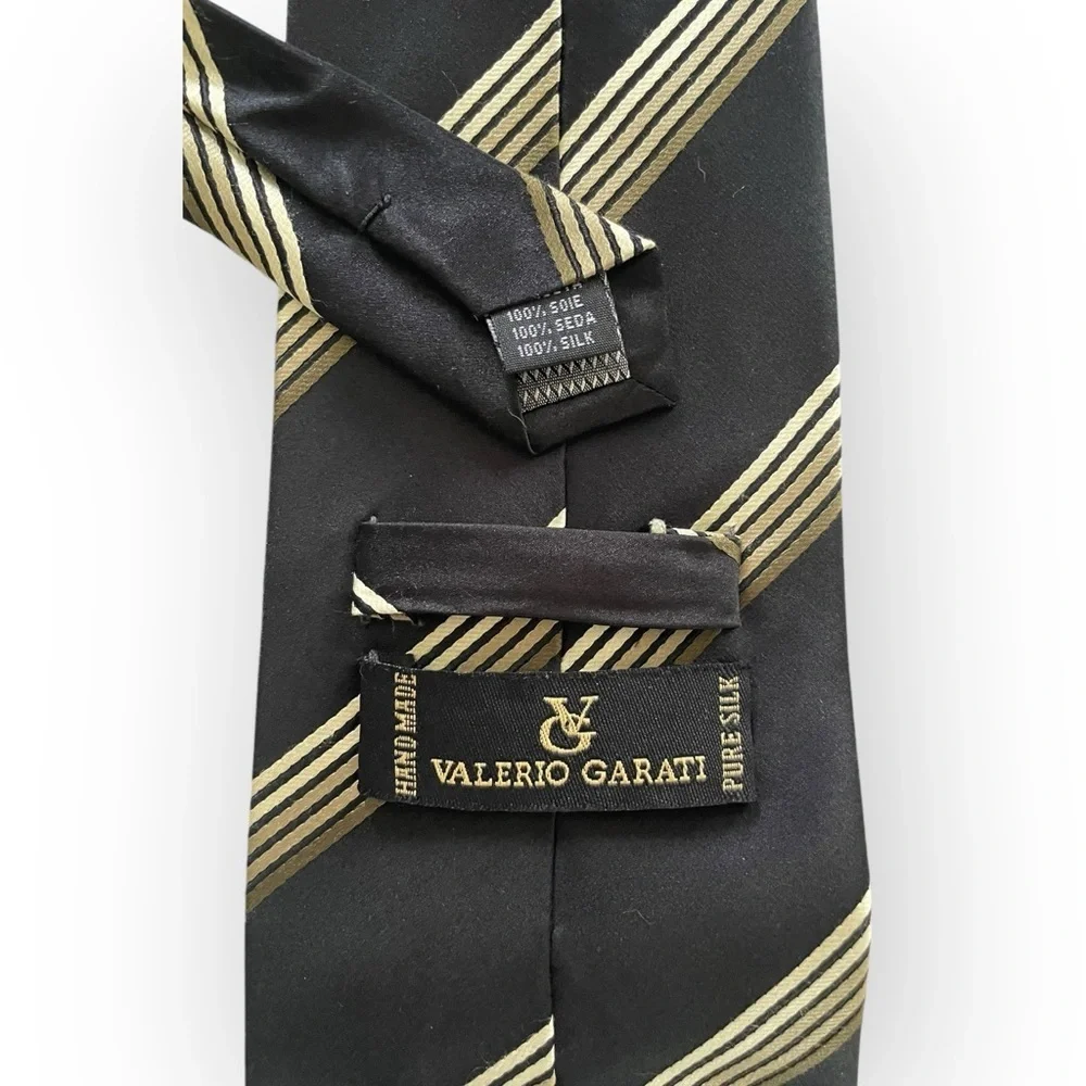 Valerio Garati men’s 100% silk handmade striped black and gold neck tie